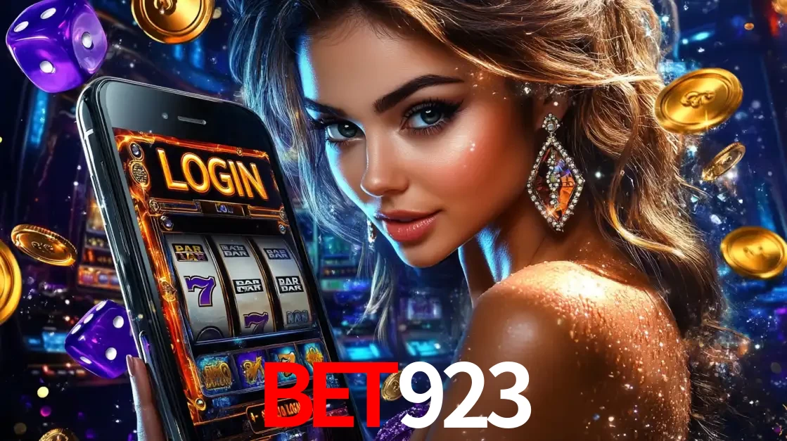 Mulher glamorosa segurando um smartphone com a tela de login para os jogos de caça-níqueis do cassino online bet923, com moedas de ouro e dados ao redor.