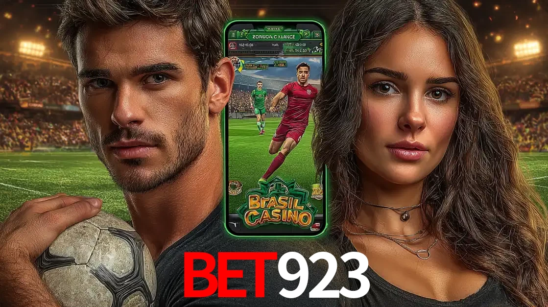 Homem segurando uma bola de futebol e uma mulher ao lado de um smartphone exibindo o jogo de apostas esportivas da bet923. Faça seu palpite no cassino online.